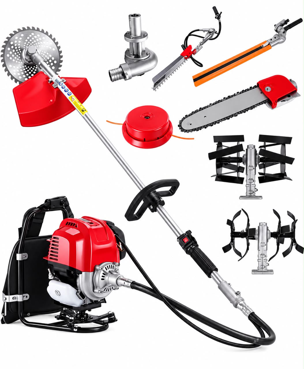 Moteur dorsal 52cc monté avec sa perche et ses accessoires