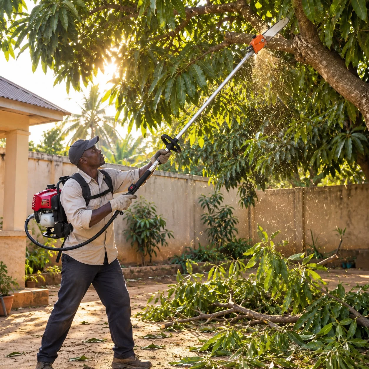 Élagage d'une branche en hauteur avec la perche élagueuse